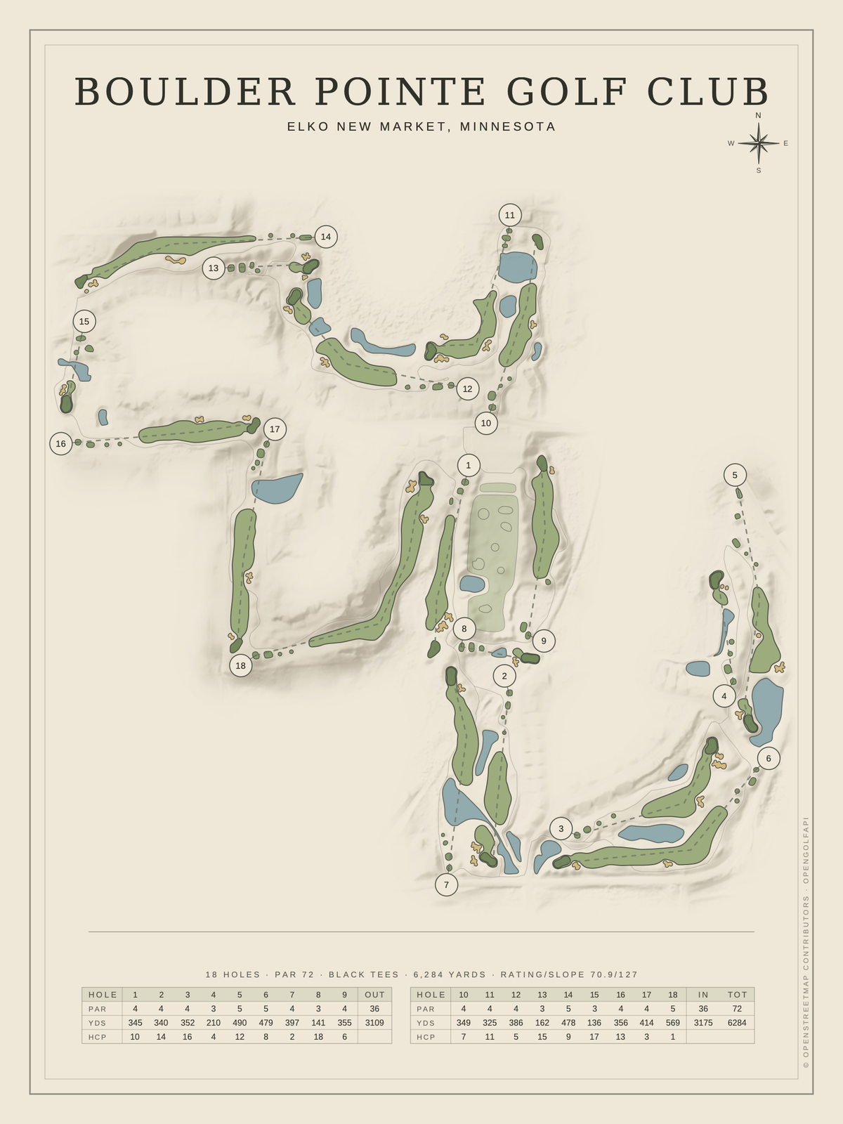 Boulder Pointe Golf Club course map poster, Classic style, 12×16 / 18×24