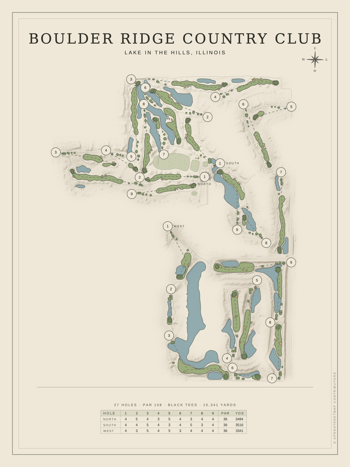 Boulder Ridge Country Club (27 Holes) course map poster, Classic style, 12×16 / 18×24