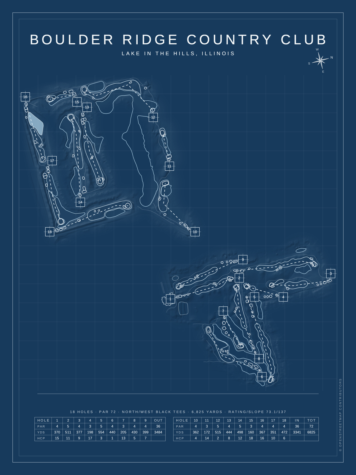 Boulder Ridge Country Club (North/West) course map poster, Blueprint style, 12×16 / 18×24
