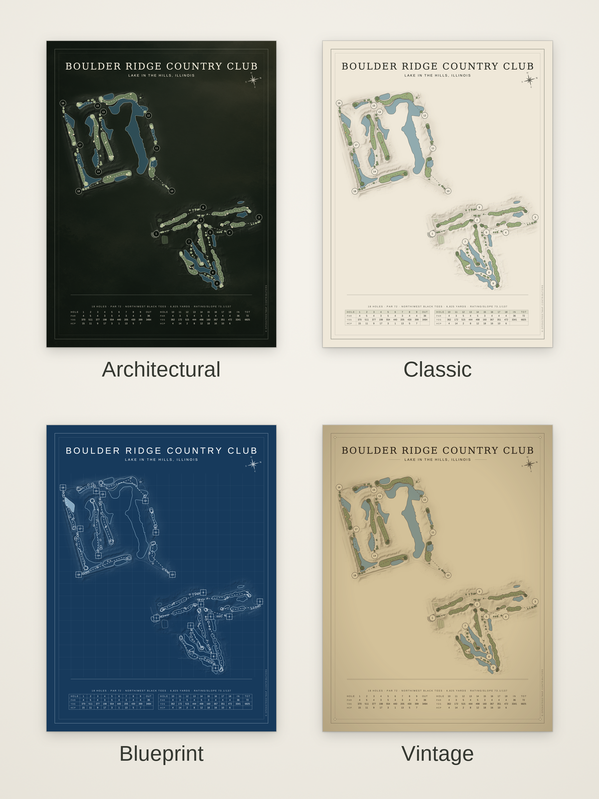 Boulder Ridge Country Club (North/West) course map poster in four styles: Architectural, Classic, Blueprint and Vintage