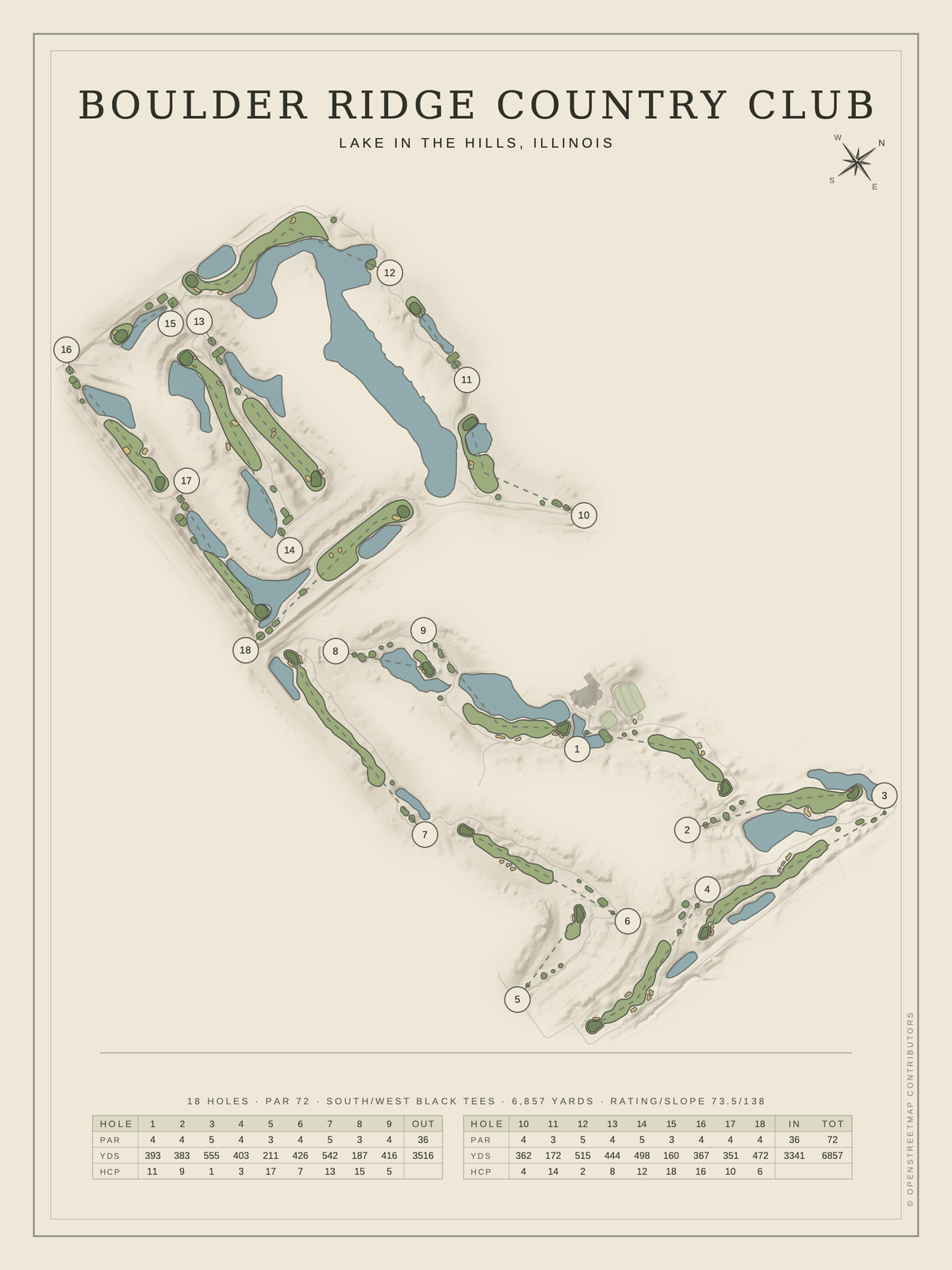 Boulder Ridge Country Club (South/West) course map poster, Classic style, 12×16 / 18×24