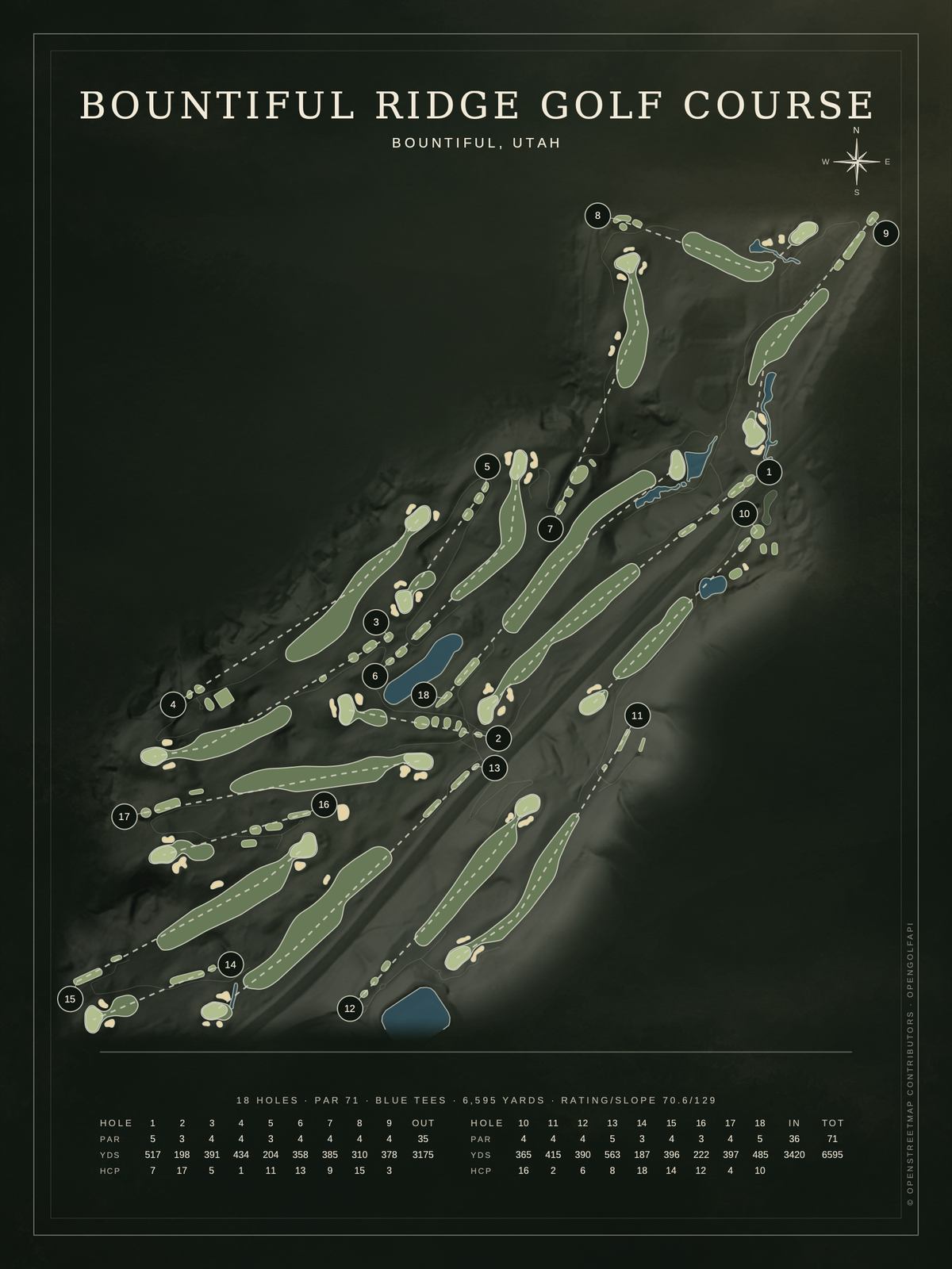 Bountiful Ridge Golf Course map poster, Architectural style, 12×16 / 18×24