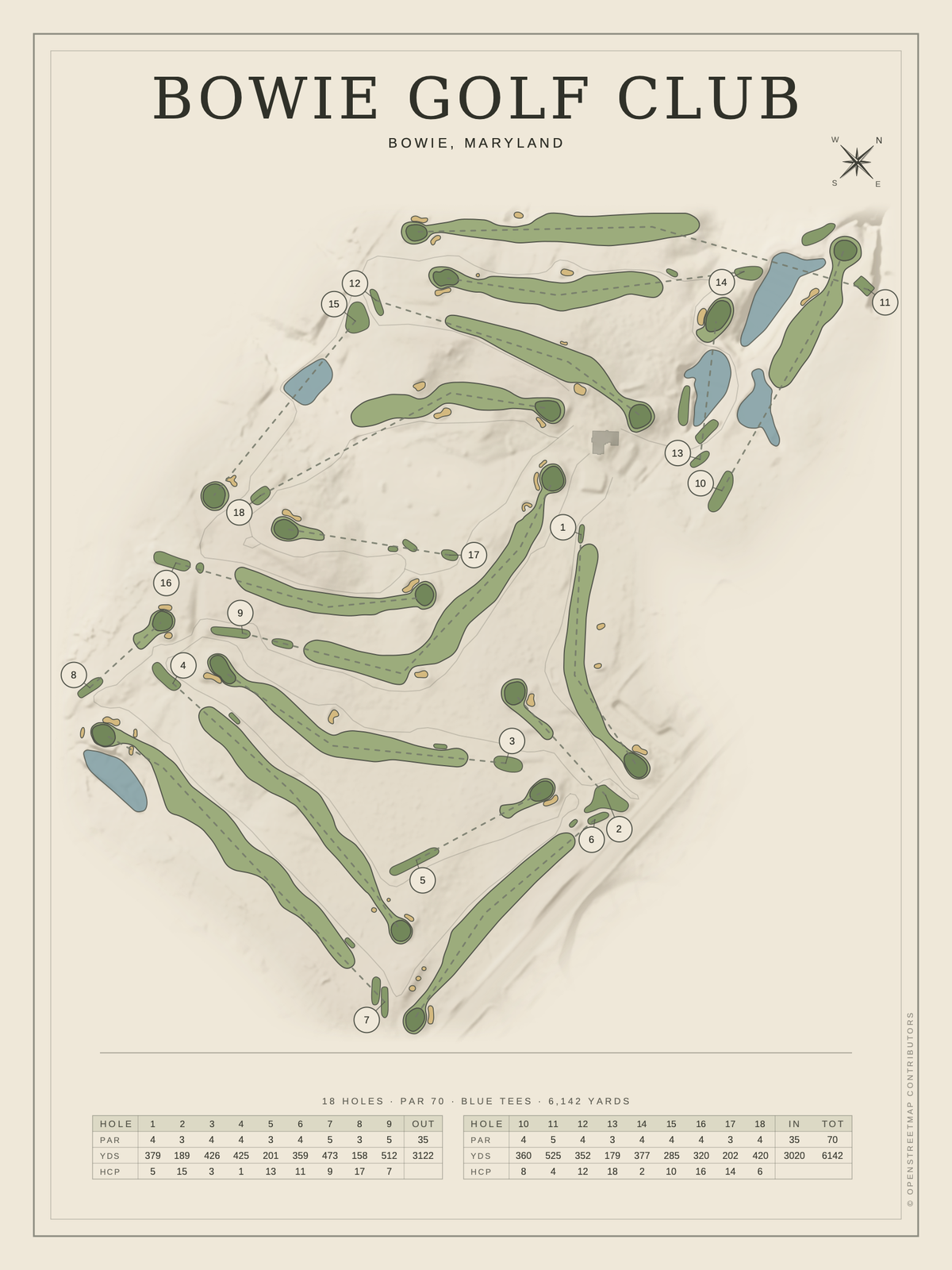Bowie Golf Club course map poster, Classic style, 12×16 / 18×24