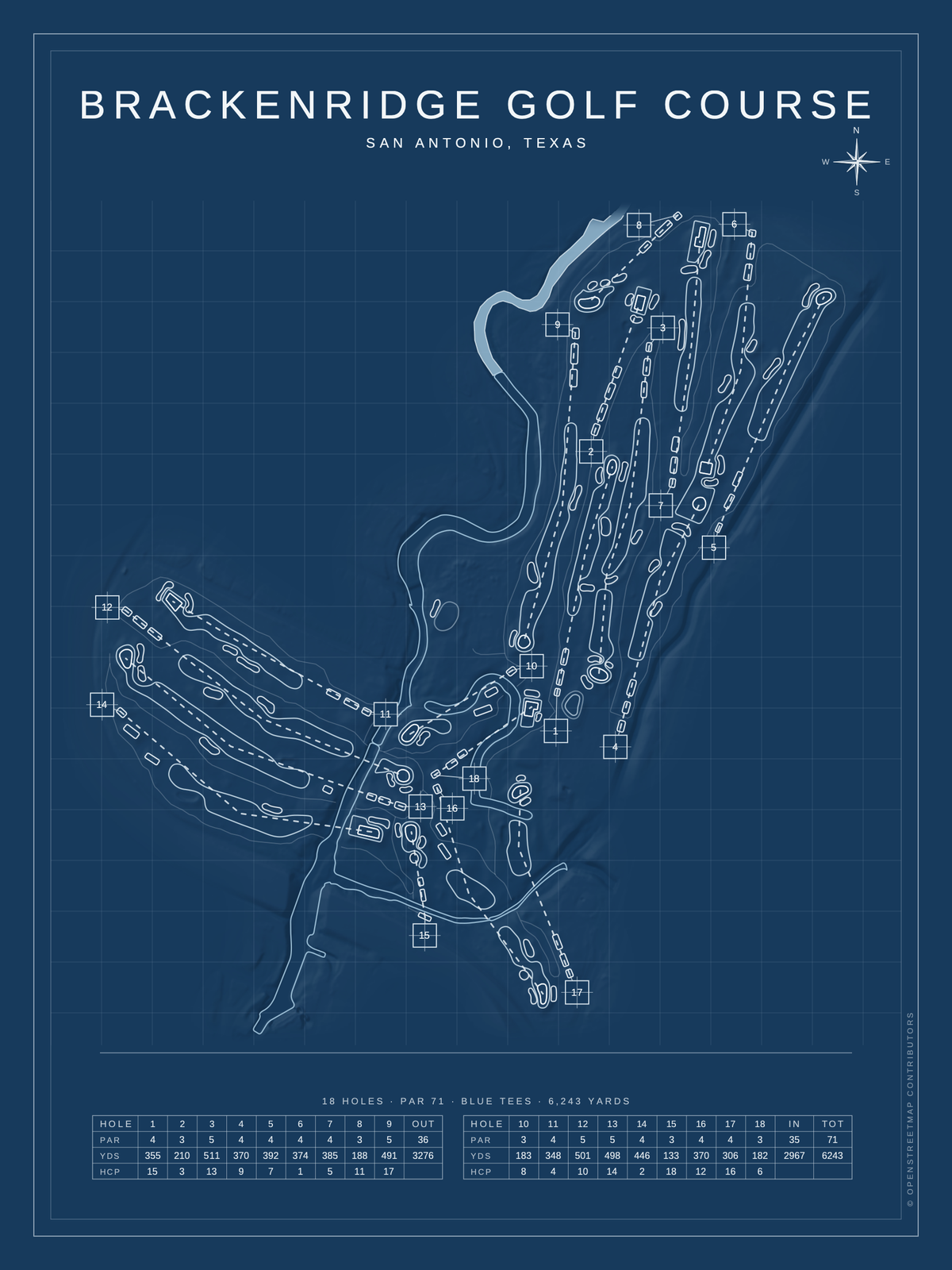 Brackenridge Golf Course map poster, Blueprint style, 12×16 / 18×24