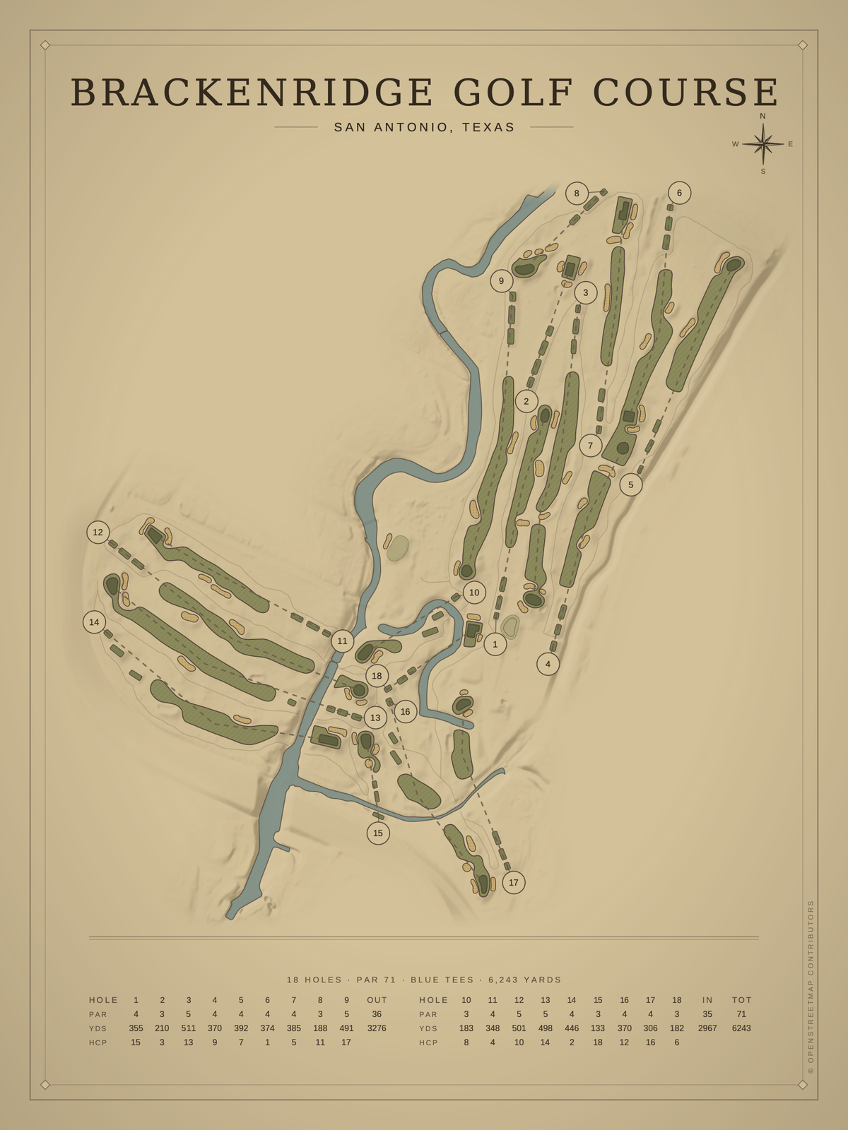 Brackenridge Golf Course map poster, Vintage style, 12×16 / 18×24