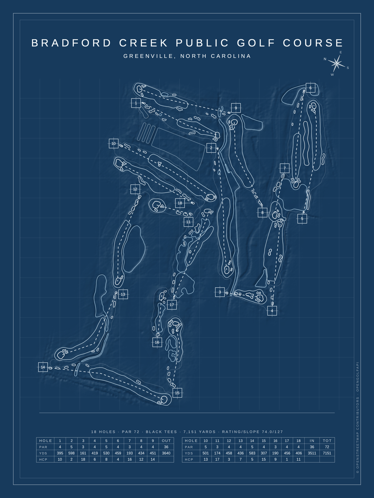 Bradford Creek Public Golf Course map poster, Blueprint style, 12×16 / 18×24