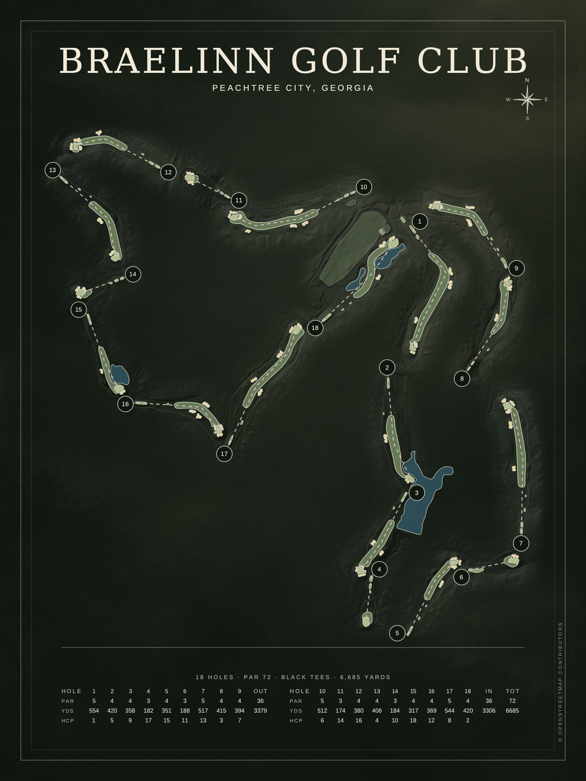Braelinn Golf Club course map poster, Architectural style, 12×16 / 18×24