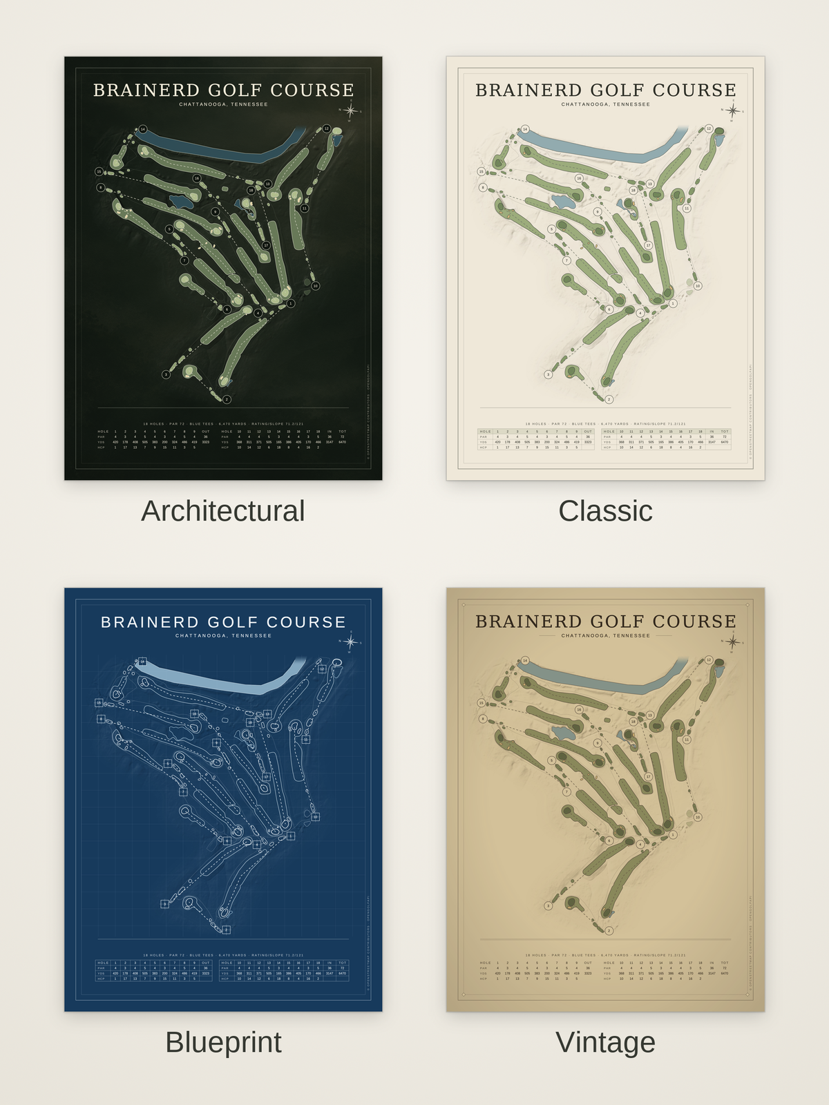Brainerd Golf Course map poster in four styles: Architectural, Classic, Blueprint and Vintage