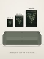 Brainerd Golf Course map poster in the Architectural style at 12×16, 18×24 and 24×36 inches, shown to scale on a wall above an 84-inch sofa