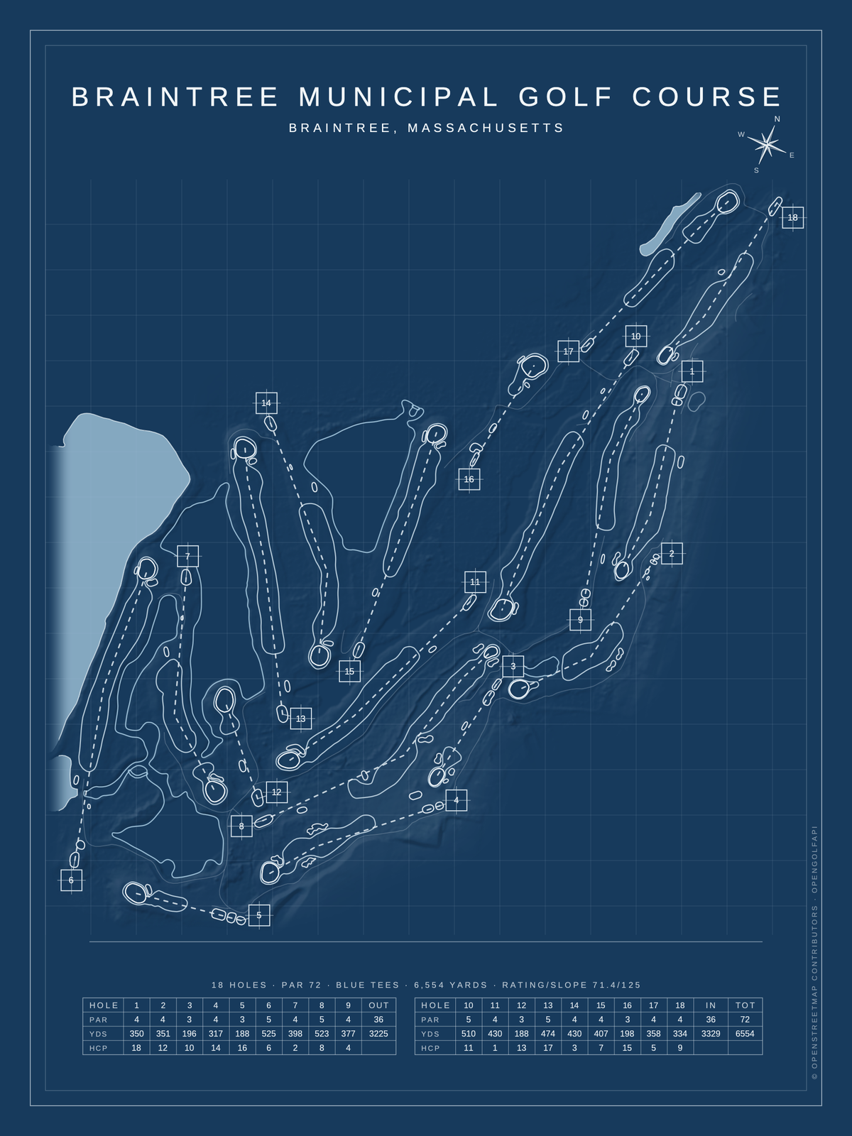 Braintree Municipal Golf Course map poster, Blueprint style, 12×16 / 18×24