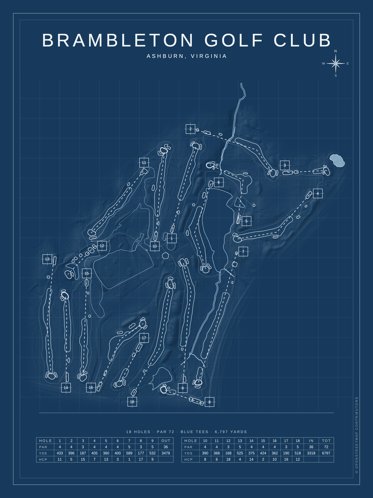 Brambleton Golf Club course map poster, Blueprint style, 12×16 / 18×24