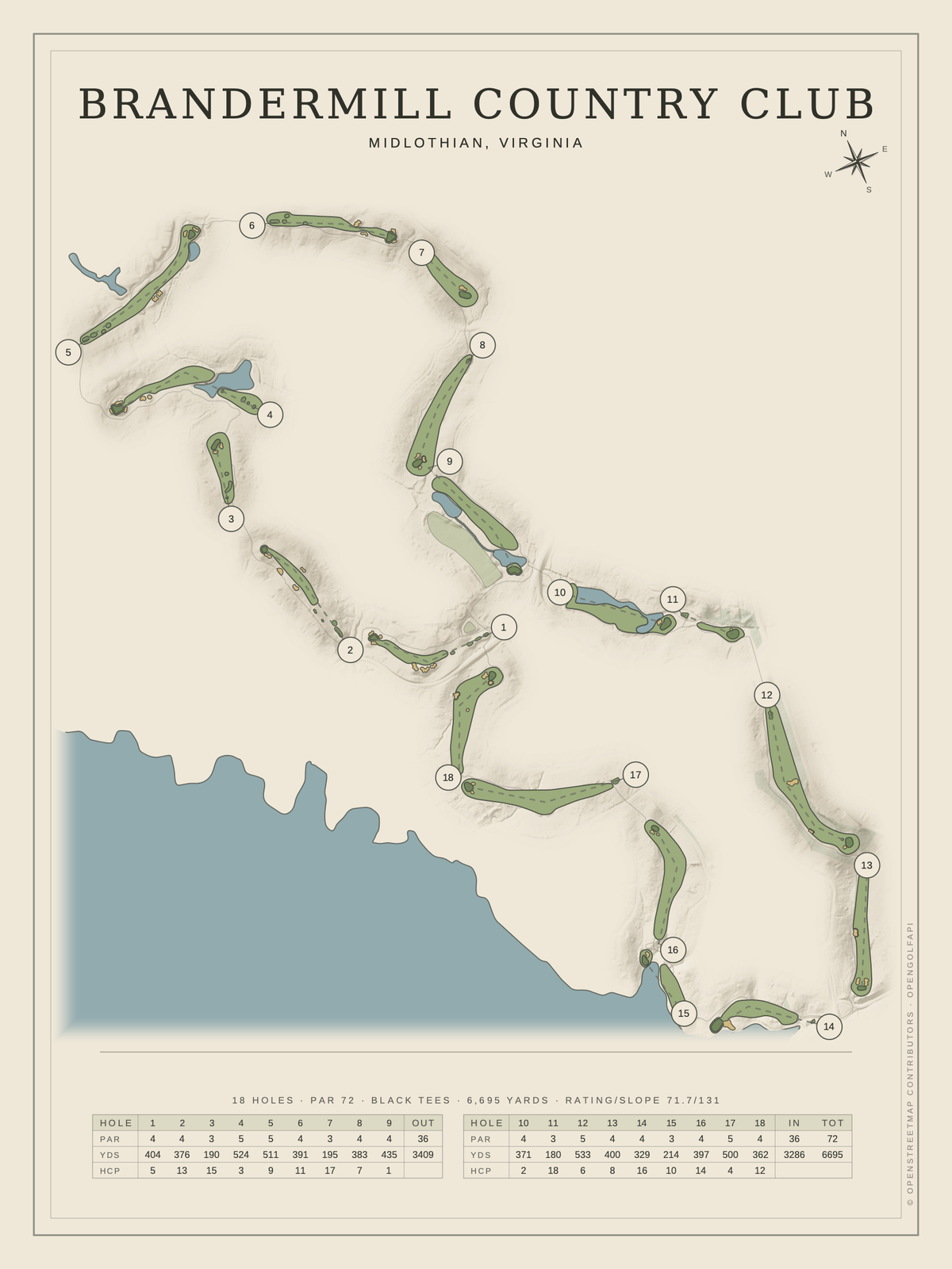 Brandermill Country Club course map poster, Classic style, 12×16 / 18×24