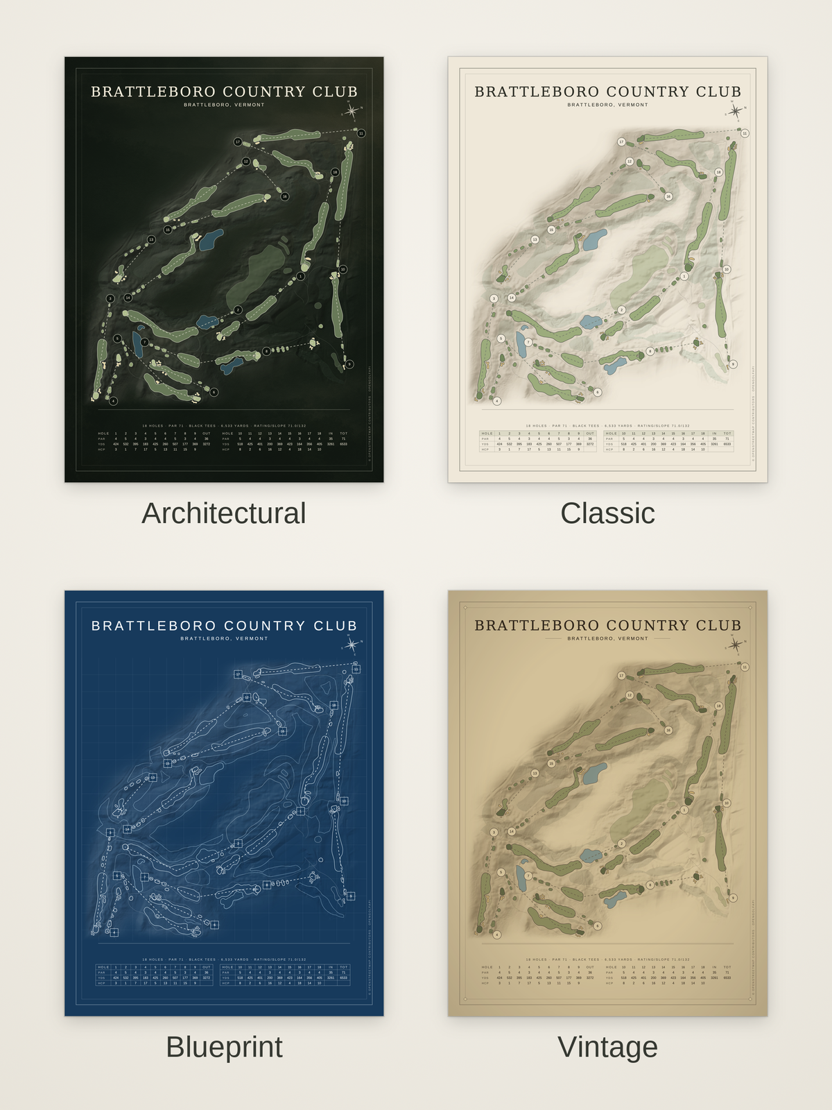 Brattleboro Country Club course map poster in four styles: Architectural, Classic, Blueprint and Vintage