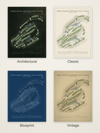 Brent Bruehl Memorial Golf Course map poster in four styles: Architectural, Classic, Blueprint and Vintage