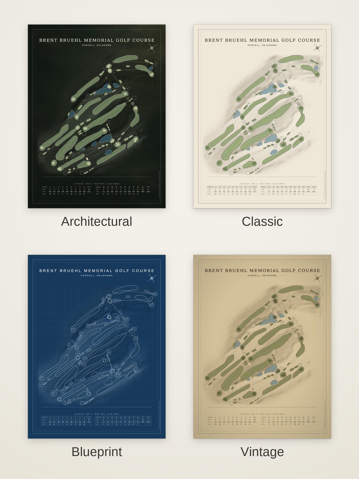 Brent Bruehl Memorial Golf Course map poster in four styles: Architectural, Classic, Blueprint and Vintage