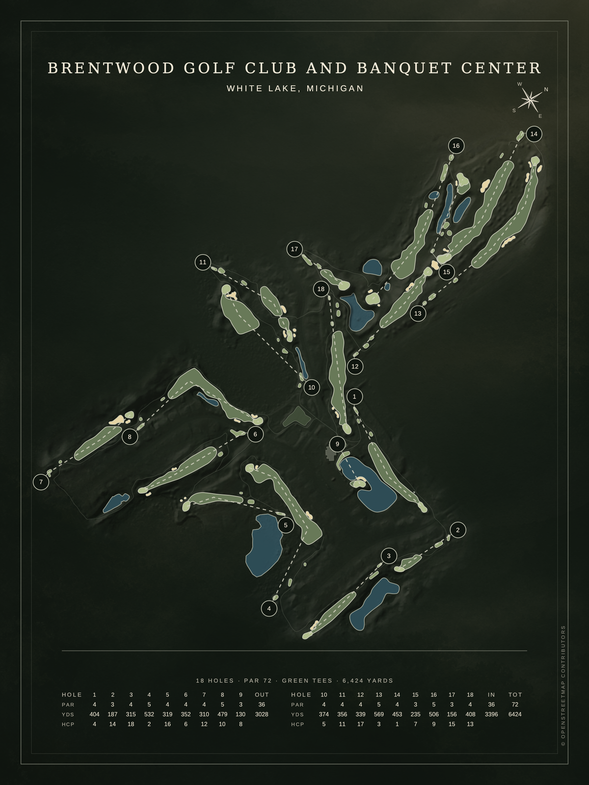 Brentwood Golf Club and Banquet Center course map poster, Architectural style, 12×16 / 18×24