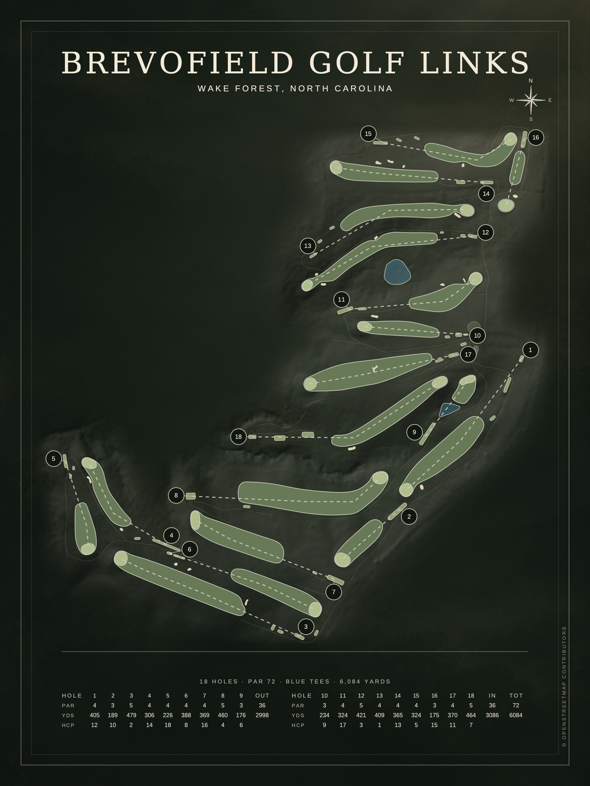 Brevofield Golf Links course map poster, Architectural style, 12×16 / 18×24