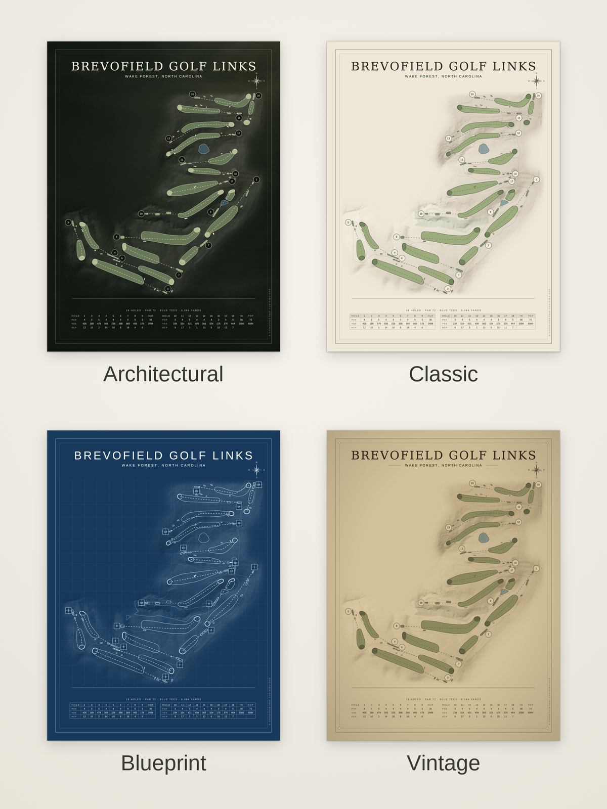 Brevofield Golf Links course map poster in four styles: Architectural, Classic, Blueprint and Vintage