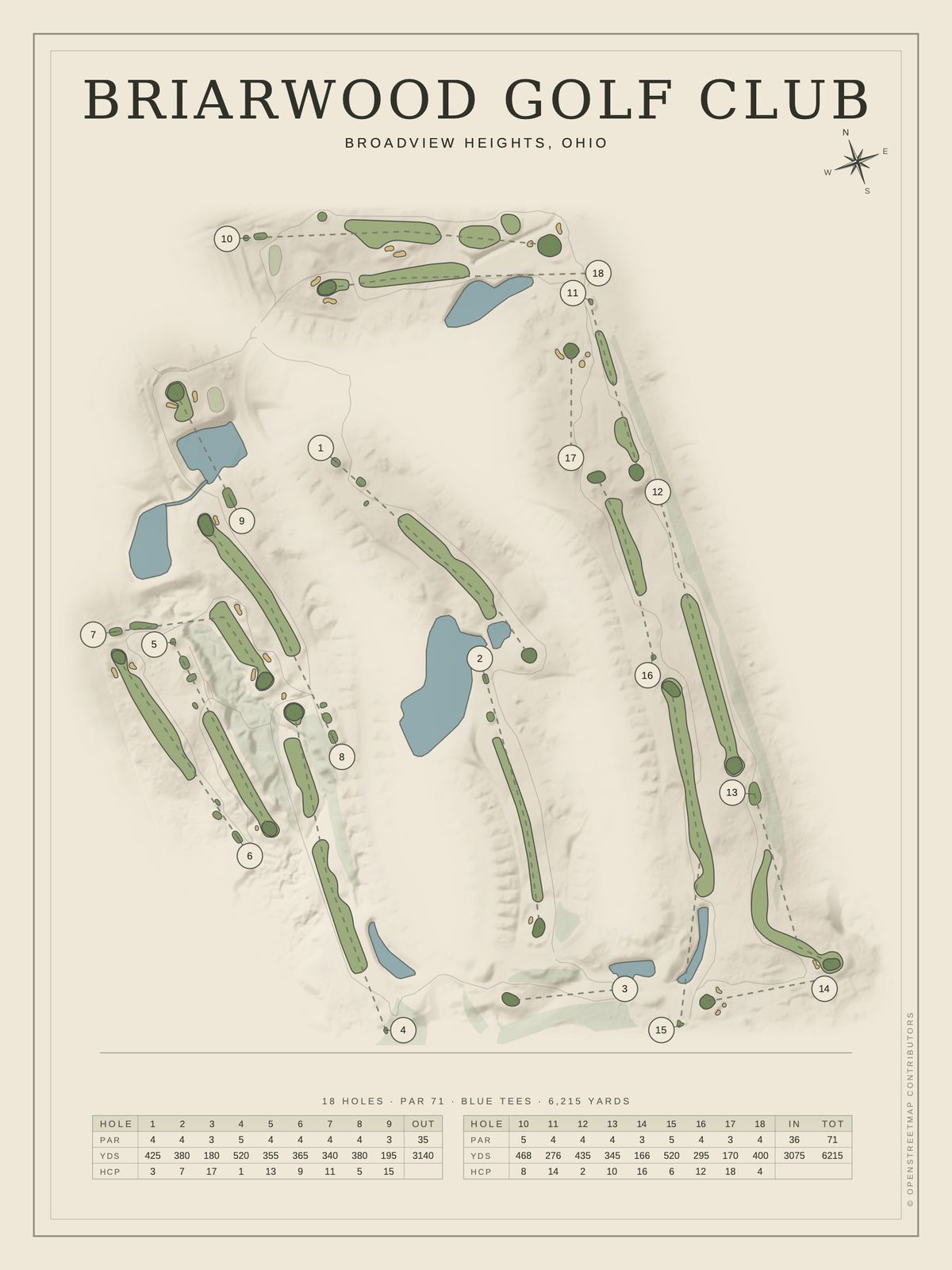 Briarwood Golf Club course map poster, Classic style, 12×16 / 18×24