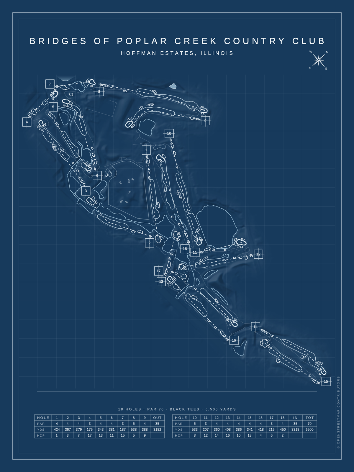 Bridges of Poplar Creek Country Club course map poster, Blueprint style, 12×16 / 18×24