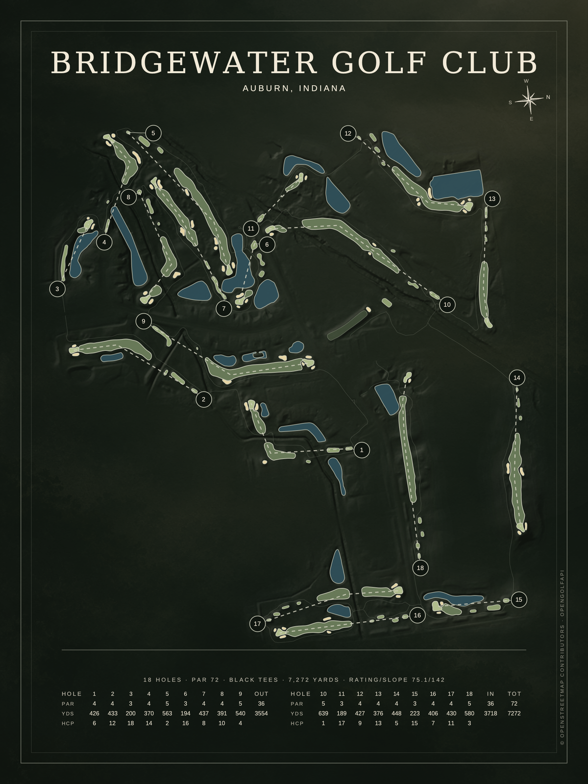 Bridgewater Golf Club course map poster, Architectural style, 12×16 / 18×24