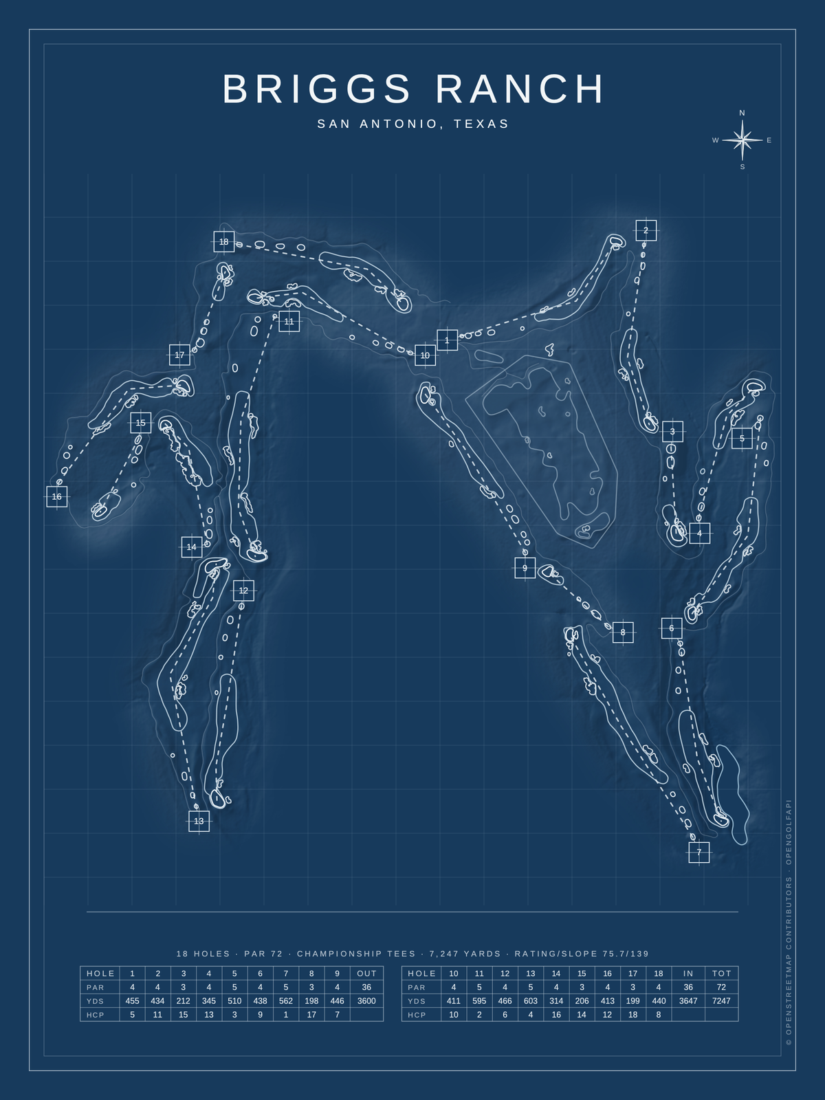 Briggs Ranch course map poster, Blueprint style, 12×16 / 18×24