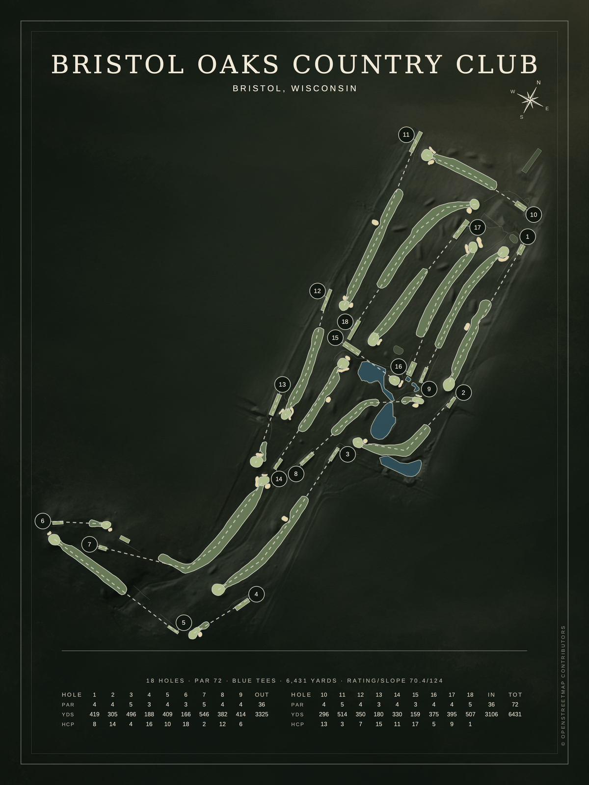 Bristol Oaks Country Club course map poster, Architectural style, 12×16 / 18×24