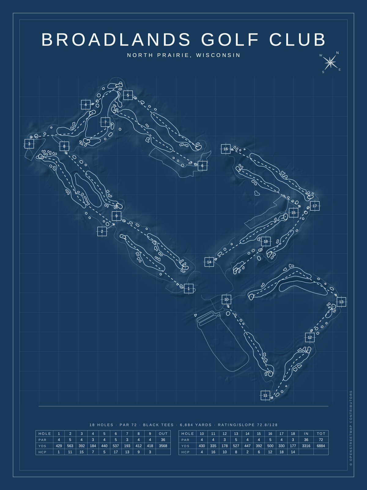 Broadlands Golf Club course map poster, Blueprint style, 12×16 / 18×24
