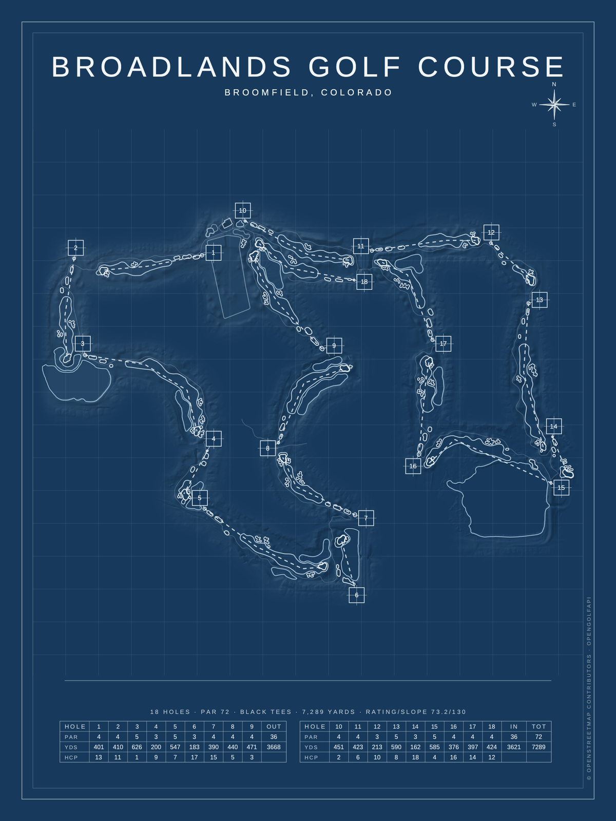 Broadlands Golf Course map poster, Blueprint style, 12×16 / 18×24