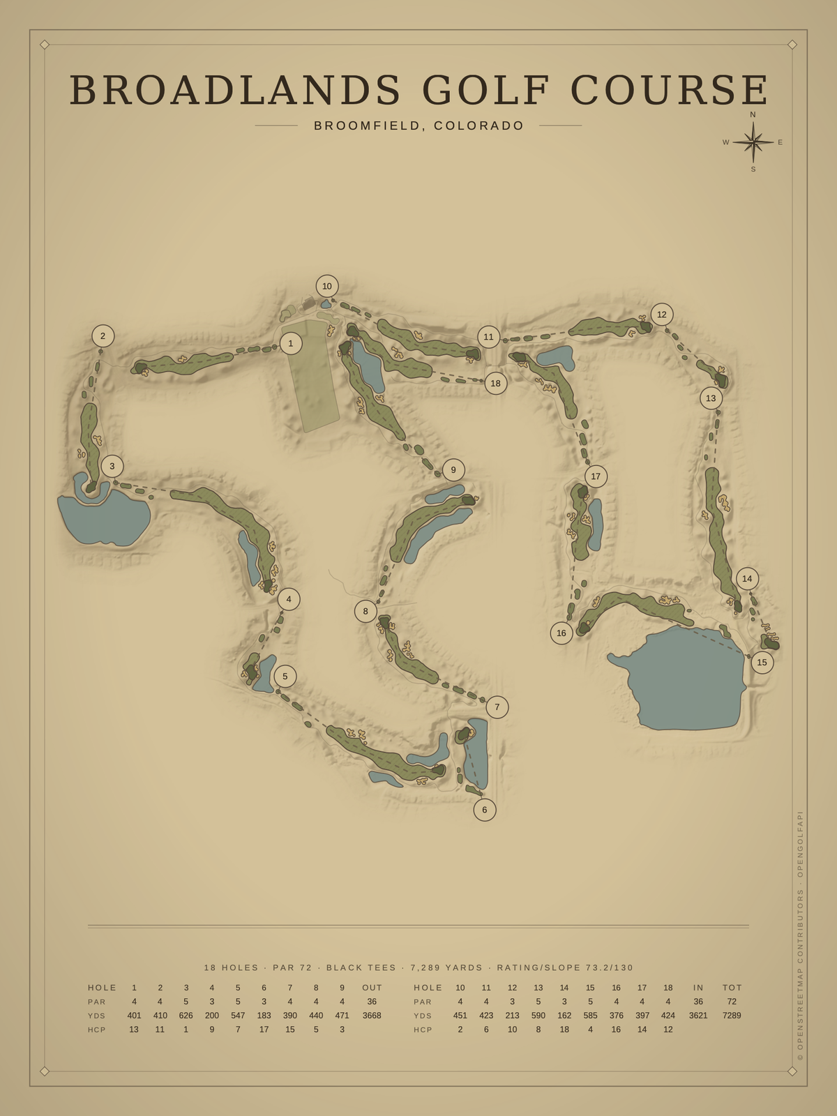 Broadlands Golf Course map poster, Vintage style, 12×16 / 18×24