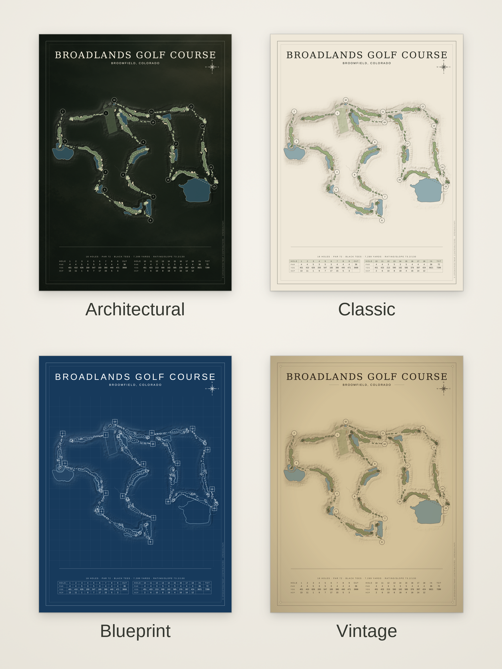 Broadlands Golf Course map poster in four styles: Architectural, Classic, Blueprint and Vintage