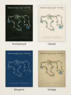 Broadlands Golf Course map poster in four styles: Architectural, Classic, Blueprint and Vintage