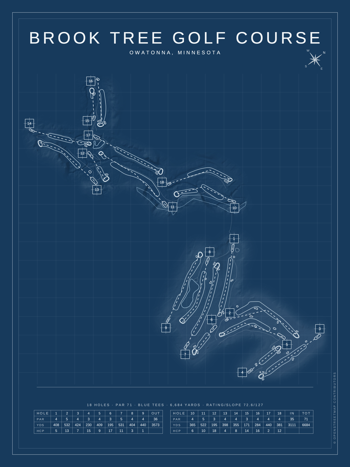 Brook Tree Golf Course map poster, Blueprint style, 12×16 / 18×24