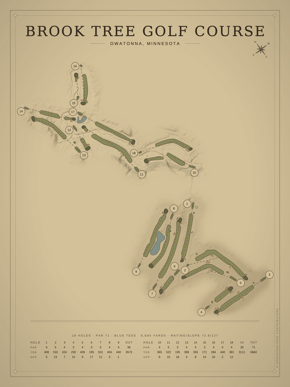 Brook Tree Golf Course map poster, Vintage style, 12×16 / 18×24