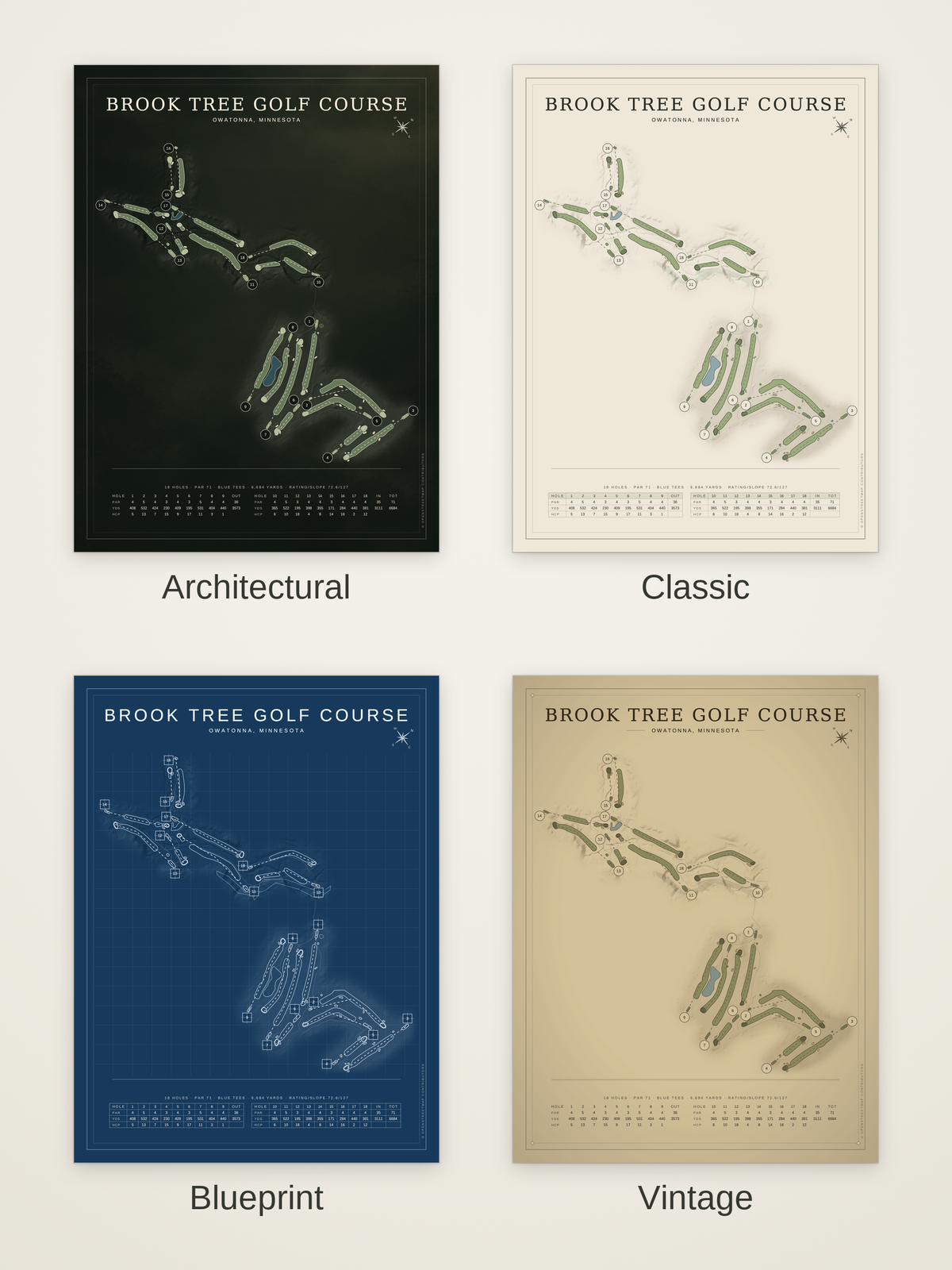 Brook Tree Golf Course map poster in four styles: Architectural, Classic, Blueprint and Vintage