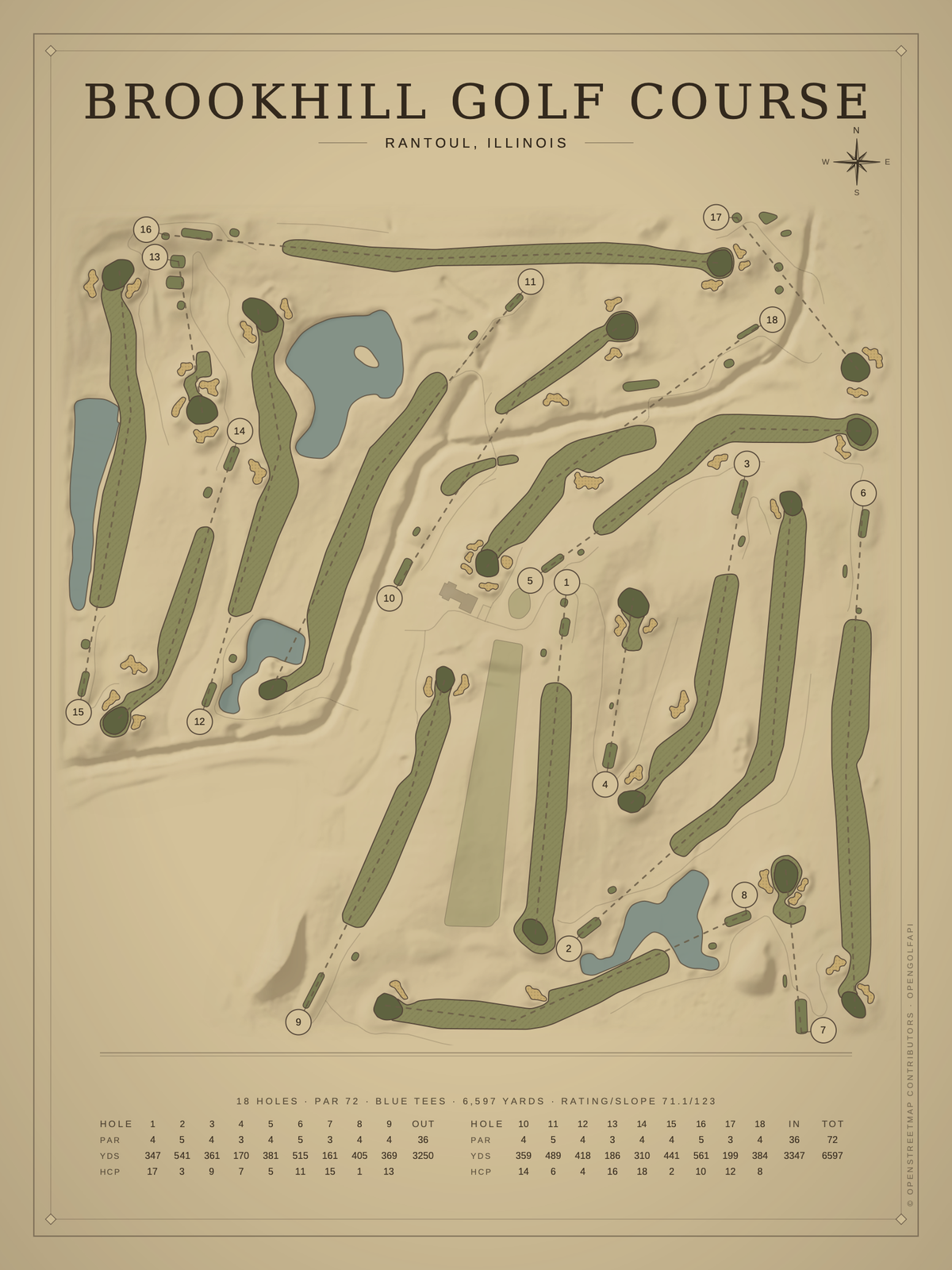Brookhill Golf Course map poster, Vintage style, 12×16 / 18×24