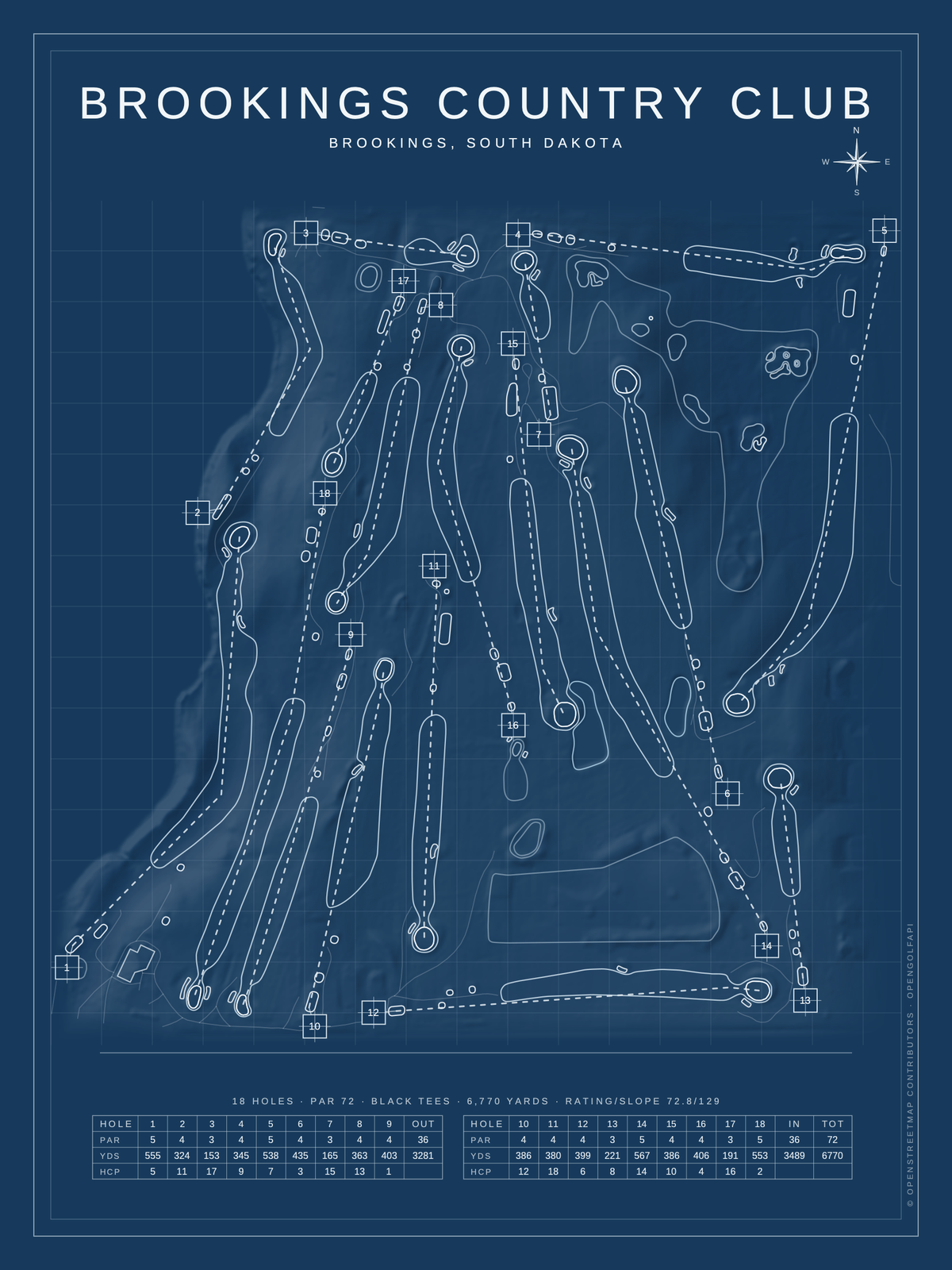 Brookings Country Club course map poster, Blueprint style, 12×16 / 18×24