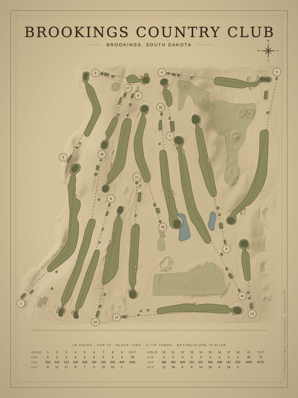 Brookings Country Club course map poster, Vintage style, 12×16 / 18×24