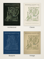 Brookings Country Club course map poster in four styles: Architectural, Classic, Blueprint and Vintage