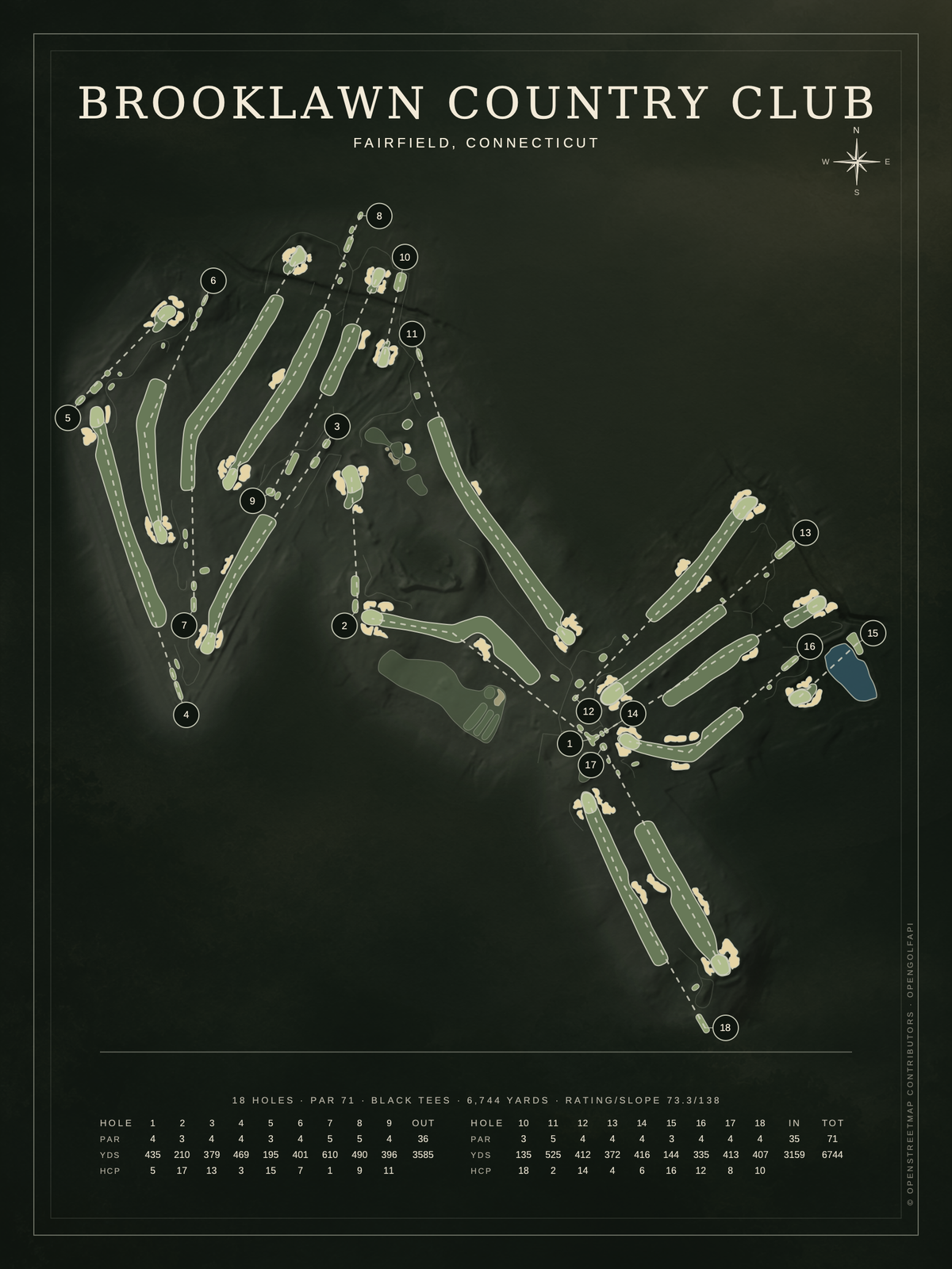 Brooklawn Country Club course map poster, Architectural style, 12×16 / 18×24