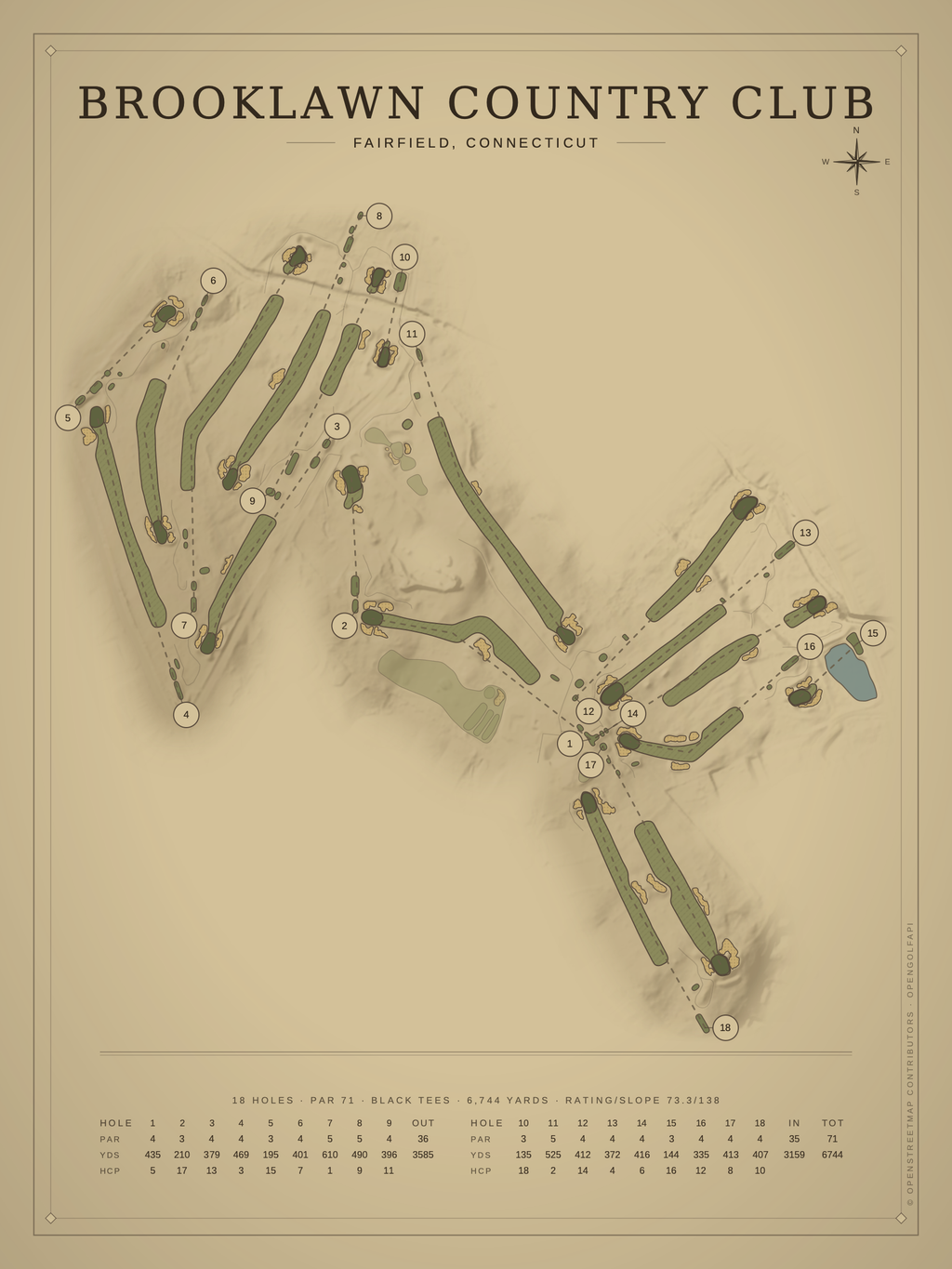Brooklawn Country Club course map poster, Vintage style, 12×16 / 18×24