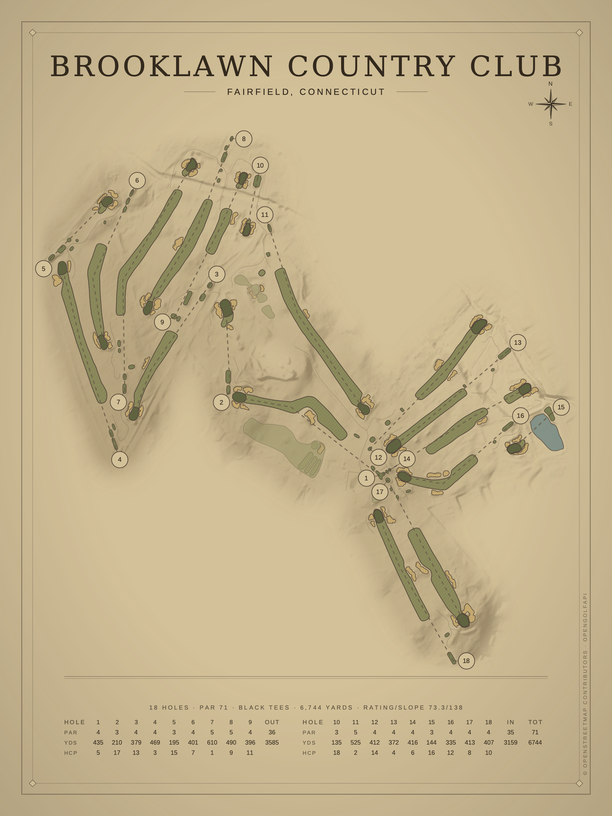 Brooklawn Country Club course map poster, Vintage style, 12×16 / 18×24