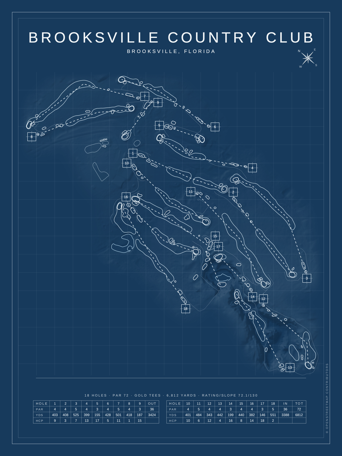Brooksville Country Club course map poster, Blueprint style, 12×16 / 18×24