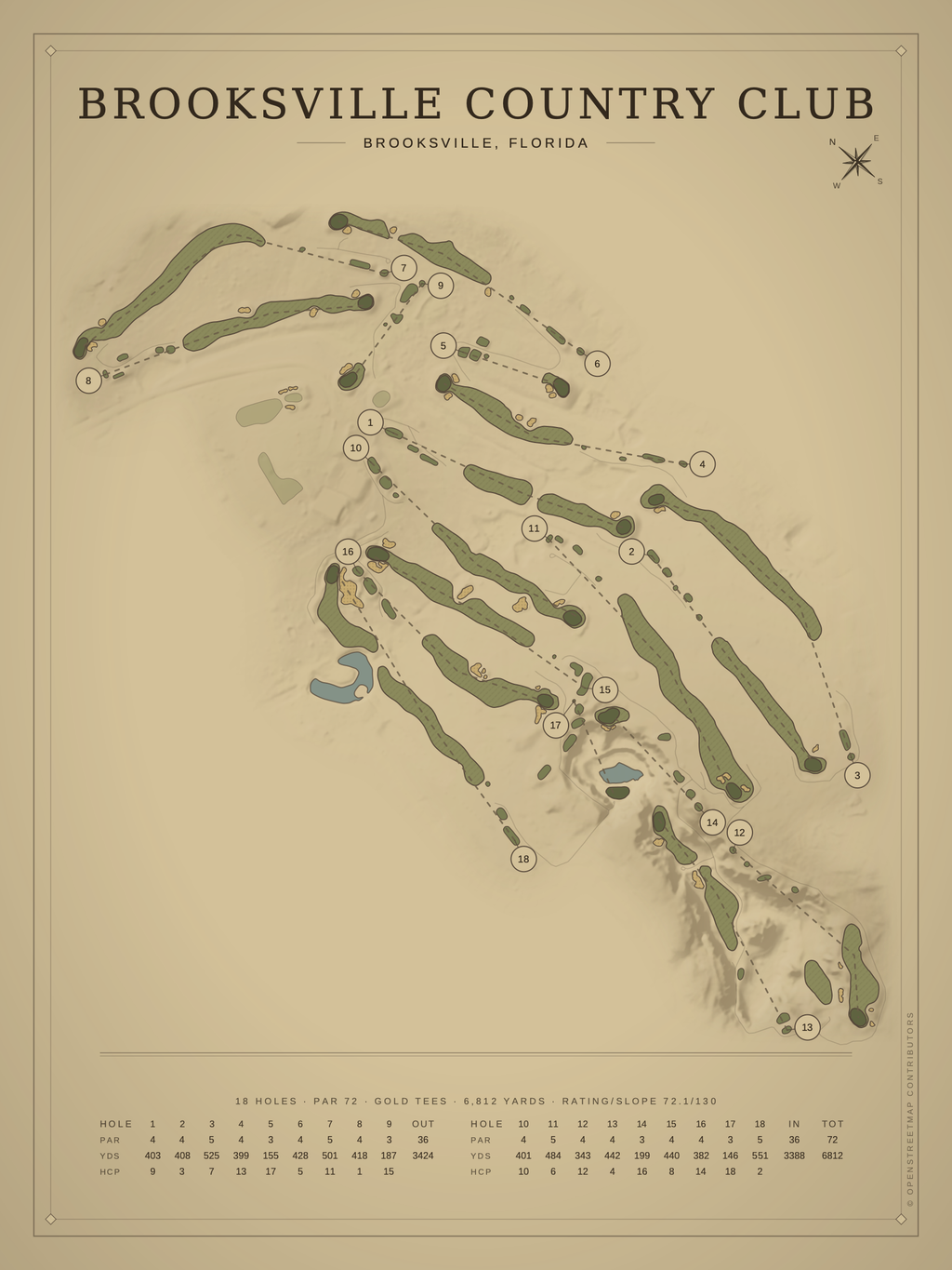 Brooksville Country Club course map poster, Vintage style, 12×16 / 18×24