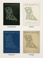 Brookville Country Club course map poster in four styles: Architectural, Classic, Blueprint and Vintage