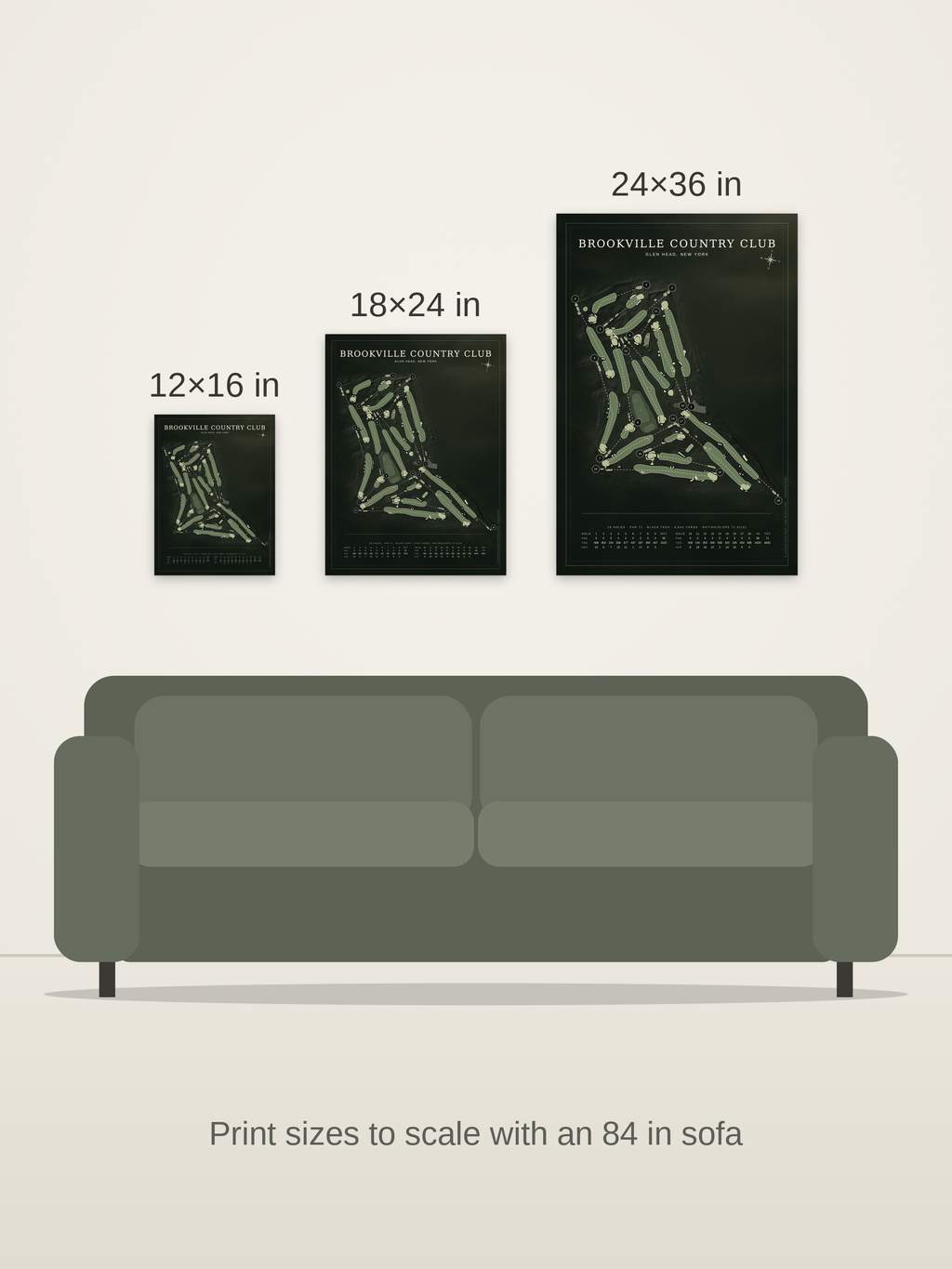Brookville Country Club course map poster in the Architectural style at 12×16, 18×24 and 24×36 inches, shown to scale on a wall above an 84-inch sofa