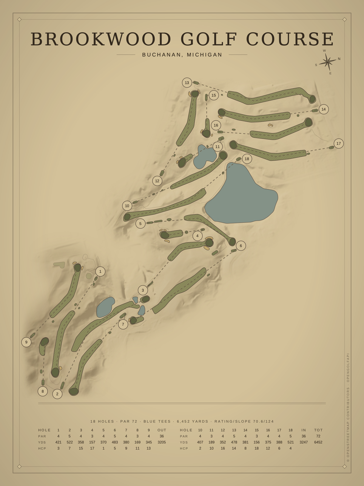 Brookwood Golf Course map poster, Vintage style, 12×16 / 18×24