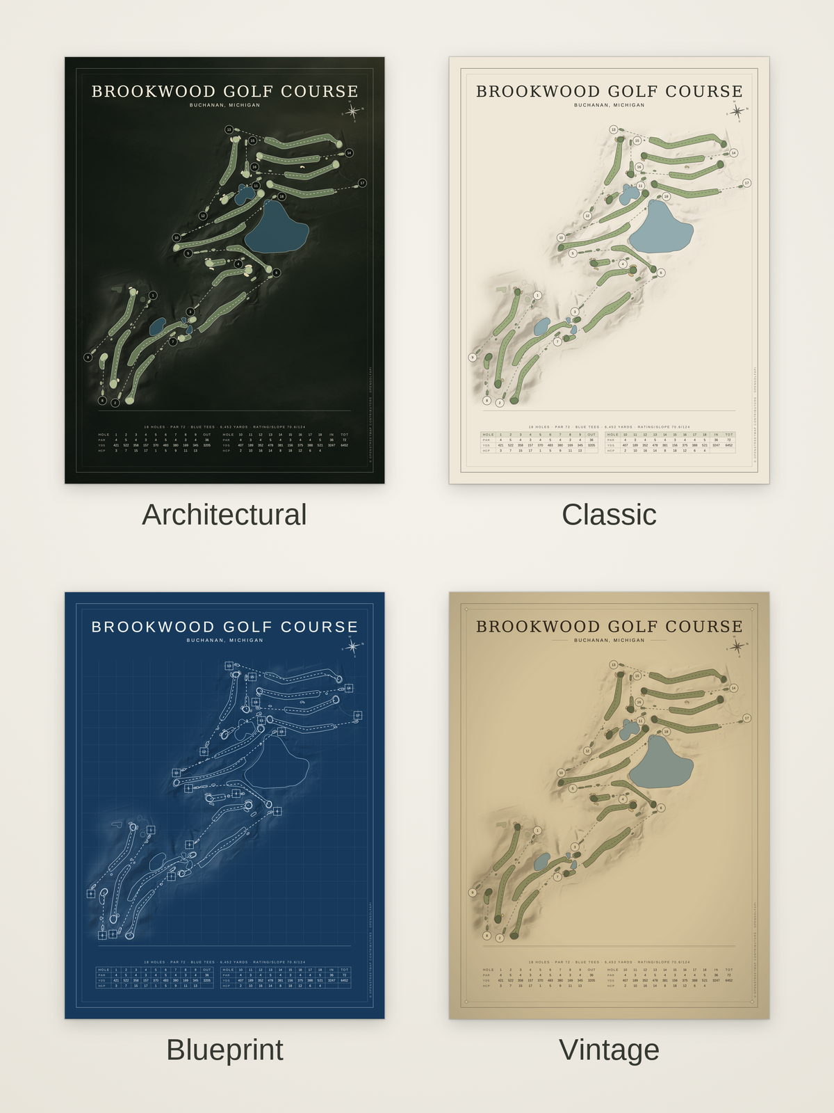 Brookwood Golf Course map poster in four styles: Architectural, Classic, Blueprint and Vintage