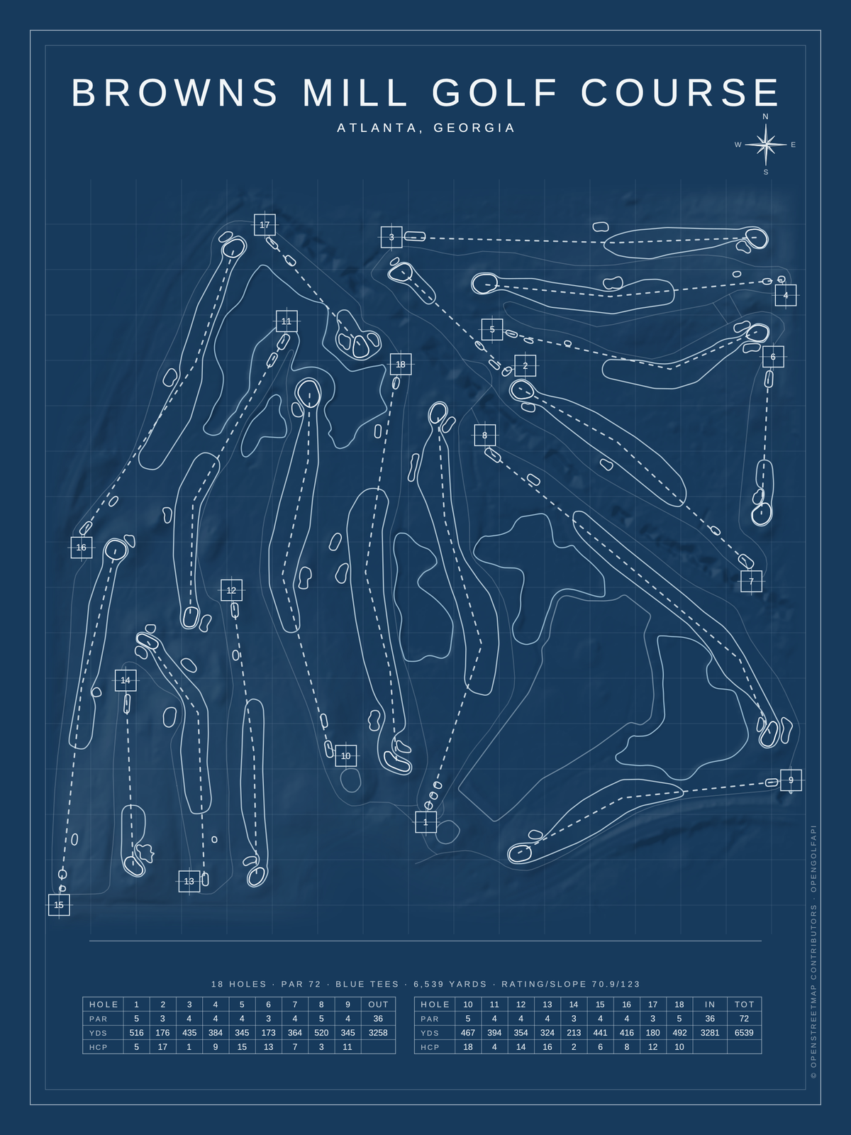 Browns Mill Golf Course map poster, Blueprint style, 12×16 / 18×24