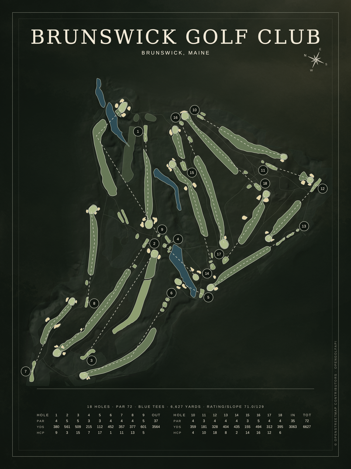 Brunswick Golf Club course map poster, Architectural style, 12×16 / 18×24